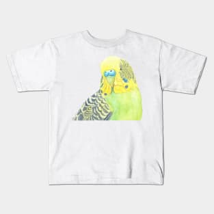 Watercolor green and yellow budgies - parakeet painting portrait Kids T-Shirt